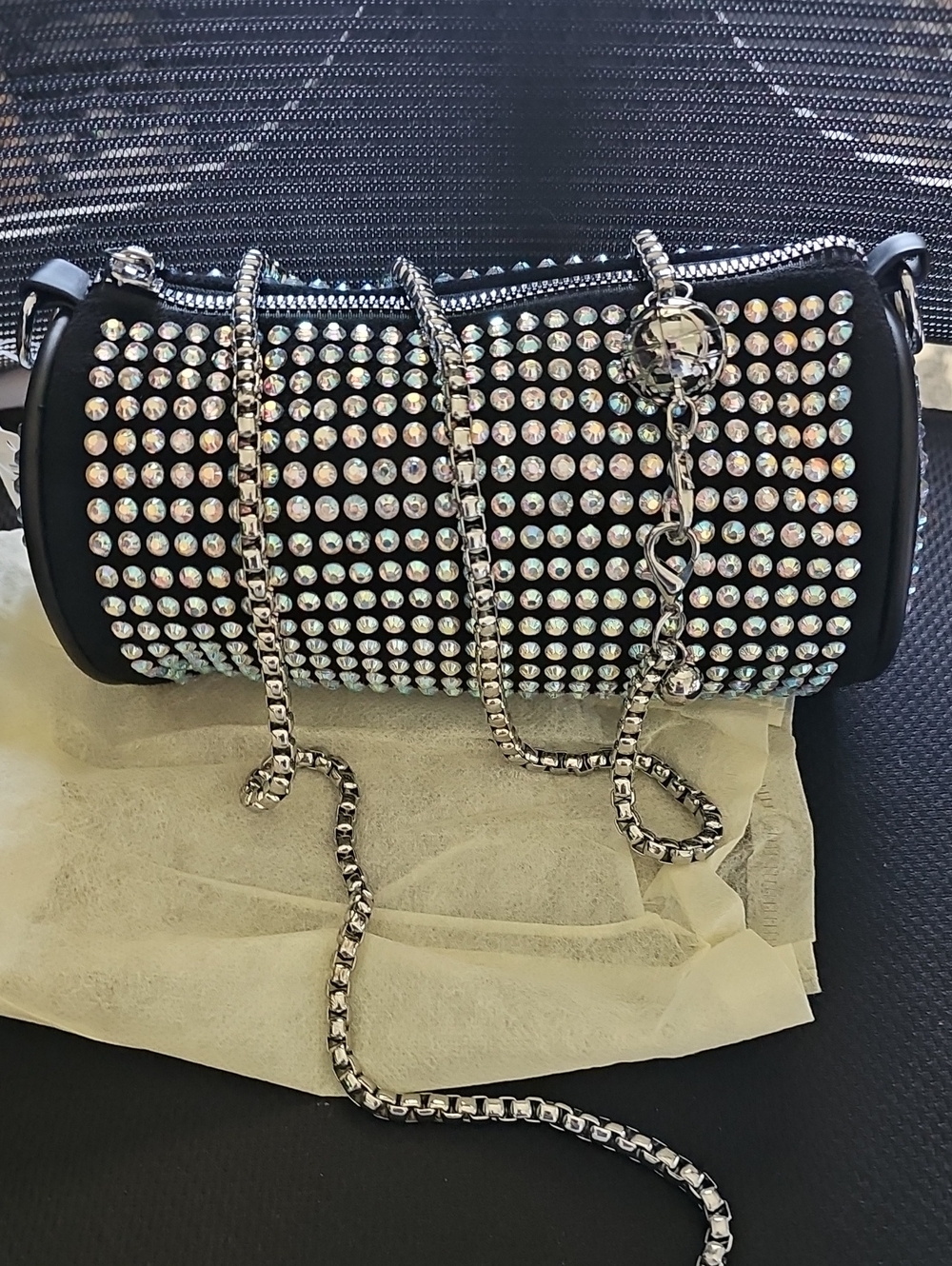 Crystal-Studded Black Cylinder Crossbody Bag